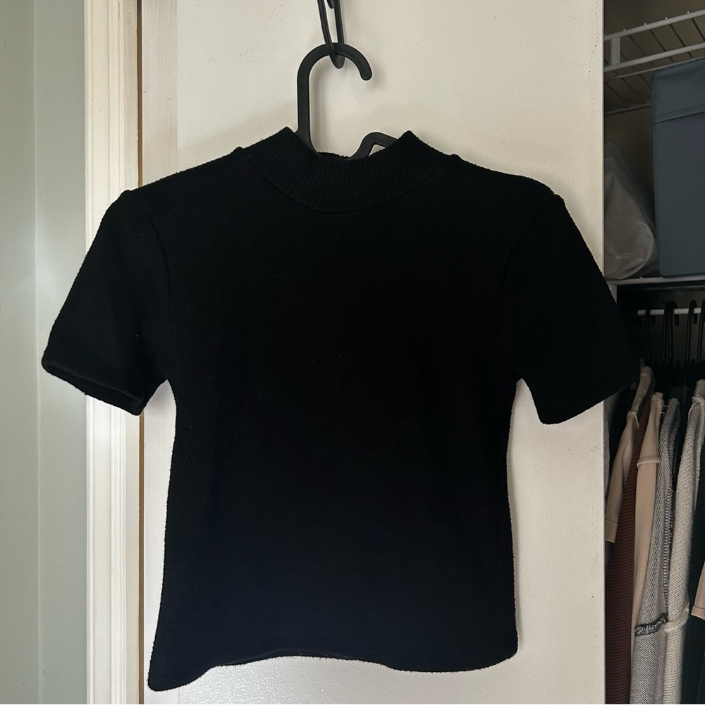 Zara Black Ribbed Mock Neck Tee